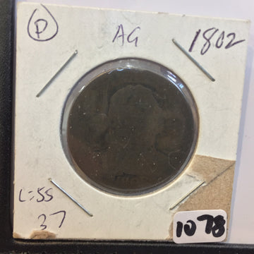 Draped Bust Large Cent 1802 AG About Good - large cents - vintage coins
