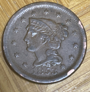 1853 Braided Hair Large Cent IC Before Civil War 169 Year Old Copper Type Coin