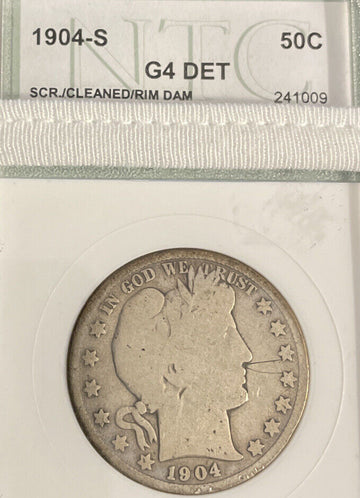 1904 s scarce Barber Silver 1/2 Dollar nice features Rim Ding Rev 12 O’clock