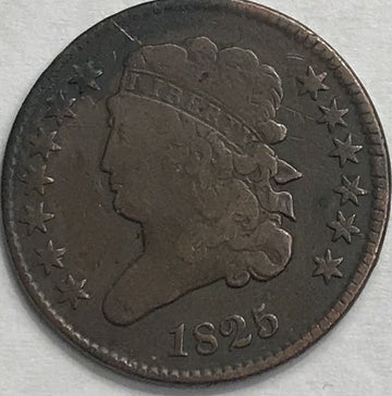 1825 classic head half cent fine circulated coin flanked by stars value
