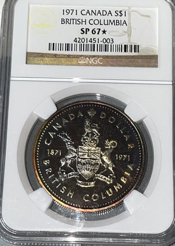 Rainbow Lt Toned Silver 1971 Canada British Columbia Proof Dollar NGC SP67* STAR