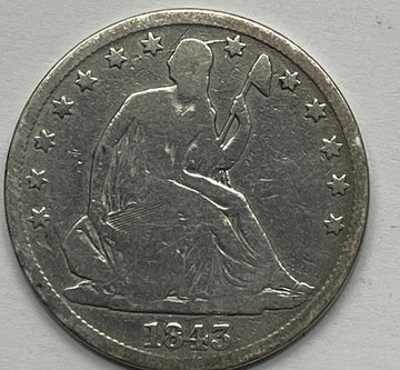 1843 Scarce Date Seated Liberty Half Dollar cleaned very good great price silver
