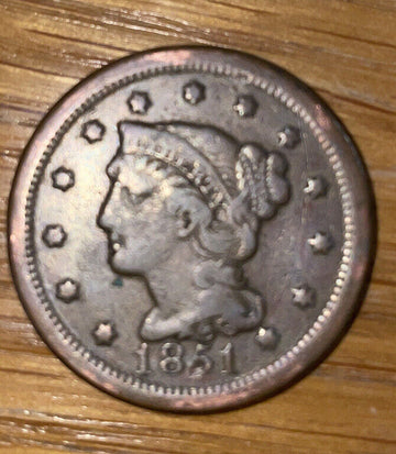 1851 Braided Hair Large Cent IC Better Civil War 171 Year Old Copper Type Coin