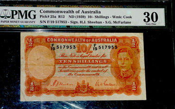 PMG VF30 Australia 10 Shilling 1939 Sheehan/ McFarlane Note Price Cut!