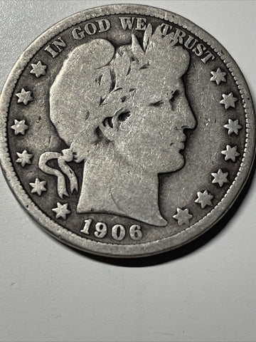 1906 d Silver Barber Half Dollar Very Good letters LTY Liberty apparent