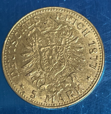 1877 D Germany Bavaria Gold 5 Mark Ludwig II Choice About Uncirculated Piece BIN