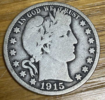 1915 s Silver Barber Half Dollar Very Good Strong L +partial liberty in headband