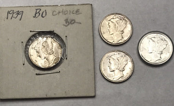 Brilliant uncirculated mercury dimes 4 peice set 1939 1940s 1941 1944s shiny set