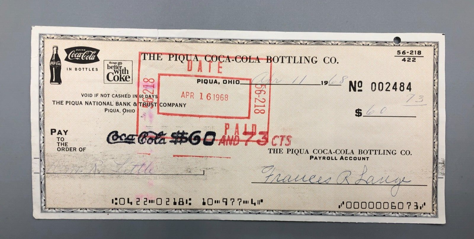 EP22: Vintage 1968 Coca-Cola Cashed Check paycheck for $60.73 1 week wages!