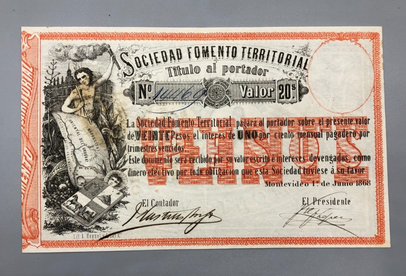 EP20: 1868 URUGUAY 1% Interest Note / 20 Pesos