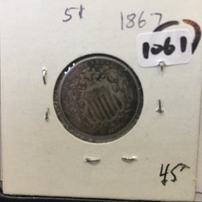 Shield Nickel 1867 VF Very fine vintage coin
