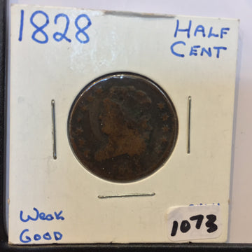 Classic Head Half Cent 1828 Very Good VG Details - vintage coins - Half Cents
