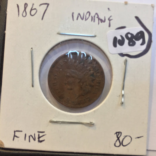Indian Head Cent 1867 F Fine plus