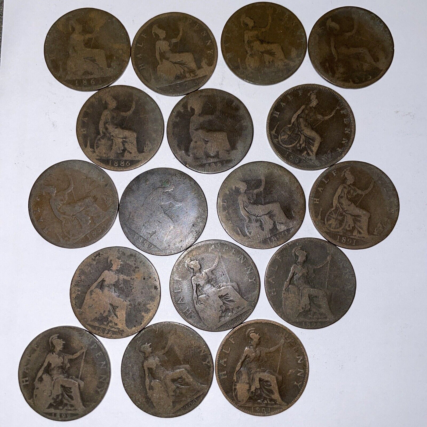 17 different English Half Penny Coppers nice collection 1861 to 1901 - US CoinSpot