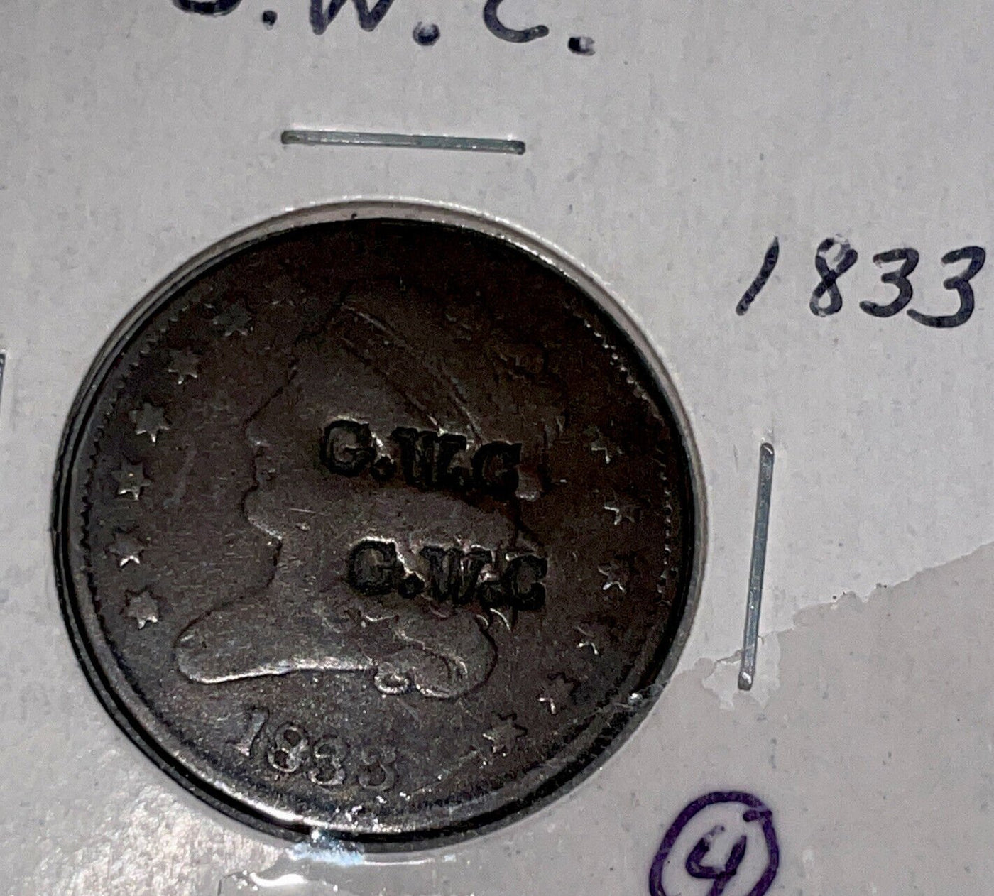 1833 US Braided Hair Variety Half Cent G.W.C. Counterstamp! Very Fine Details - US CoinSpot