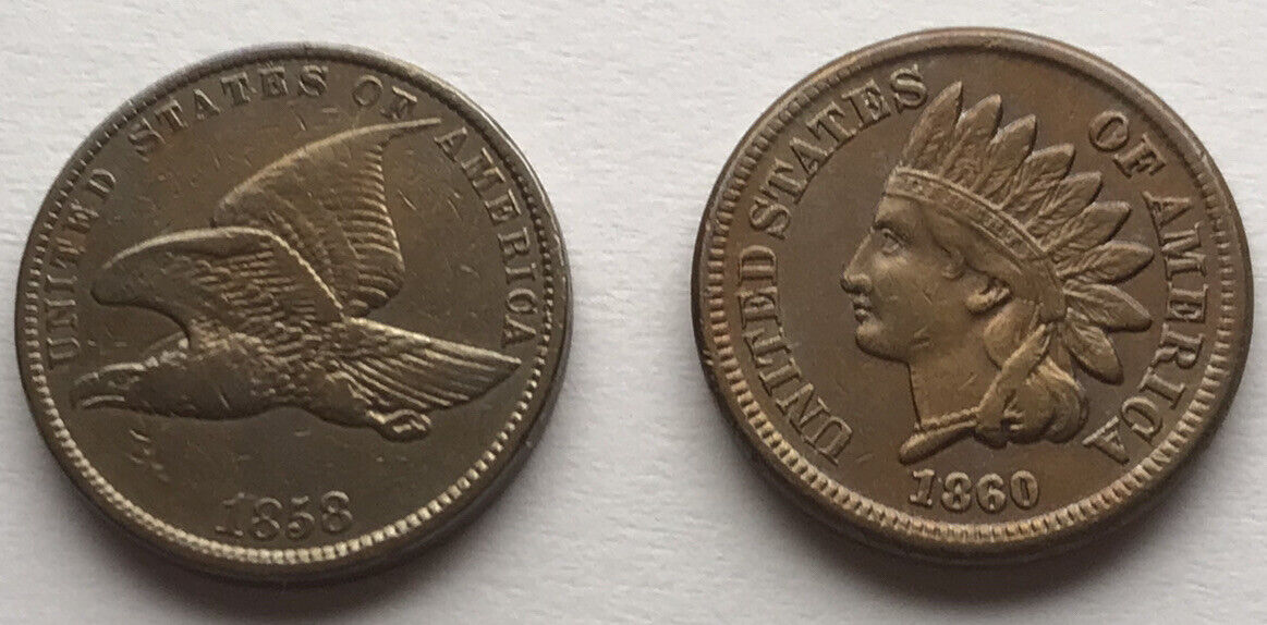 Pair Of 1858 Flying Eagle Cent & 1860 Early Indian Cent Top Collector ￼EF BIN