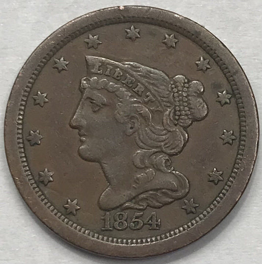 1854 half cent us braided hair choice veryfine pretty lad￼y liberty coin