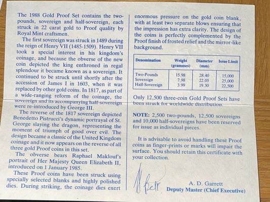 1988 Royal Mint 3pc Gold Proof Set ltd edition 12,500 exist 28g 22k Gold Beauty