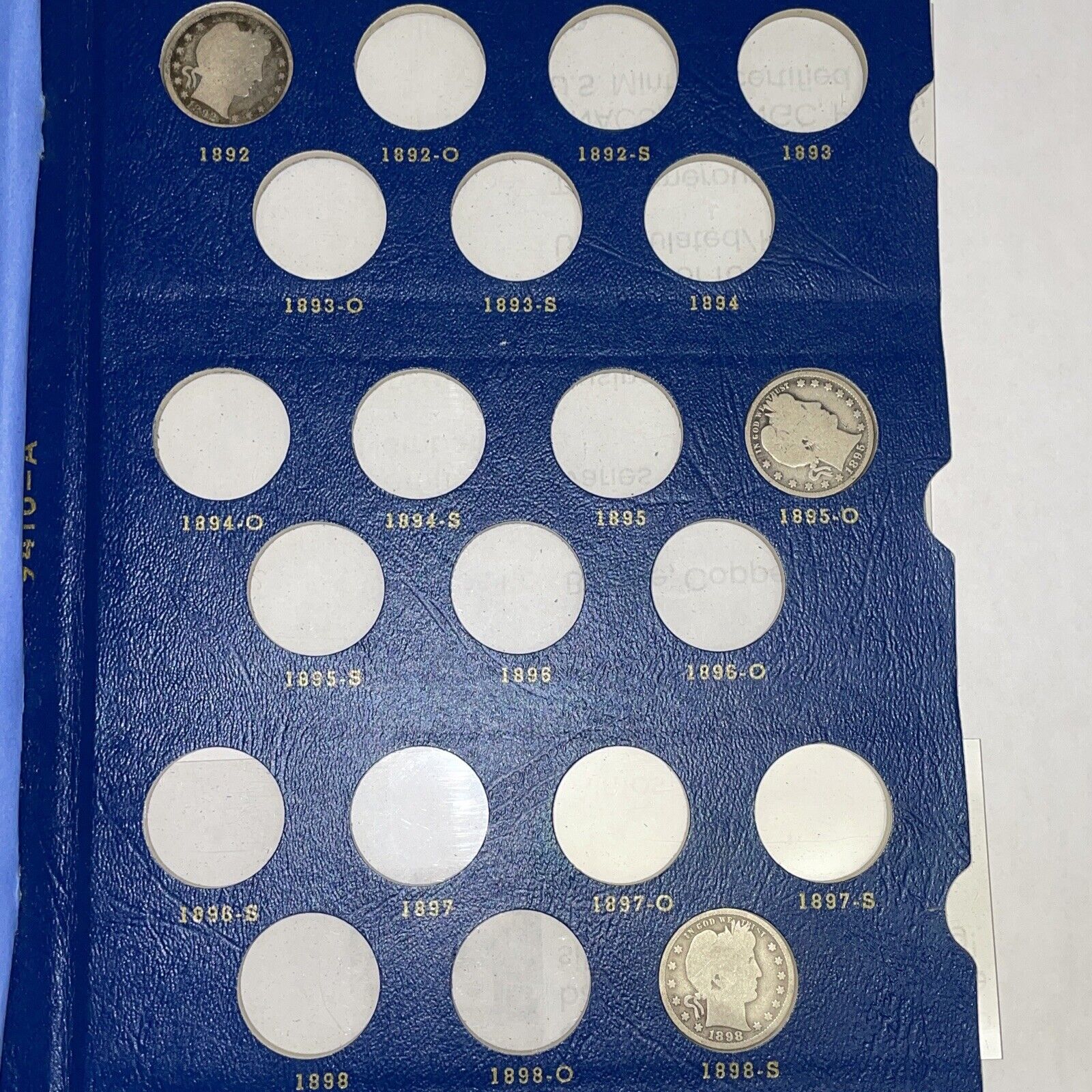 Mary’s 14 pc Barber Album for collectibles with coins note/front of album peeled