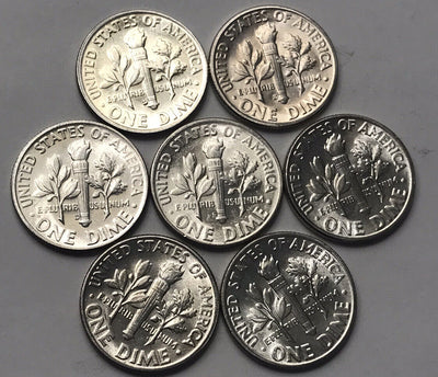 Super circle of seven dimes collection BU Roosevelt shiny dimes