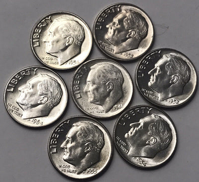 Super circle of seven dimes collection BU Roosevelt shiny dimes