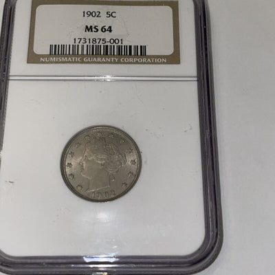 1902 gorgeous liberty V nickel 1902 NGC MS64 really great collectible!