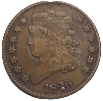 Half cent Extra Fine 1826 classic head coin value flanked by stars