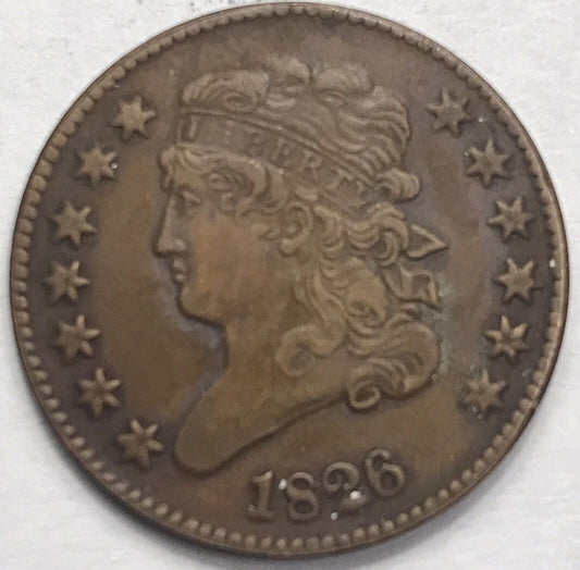 Half cent Extra Fine 1826 classic head coin value flanked by stars