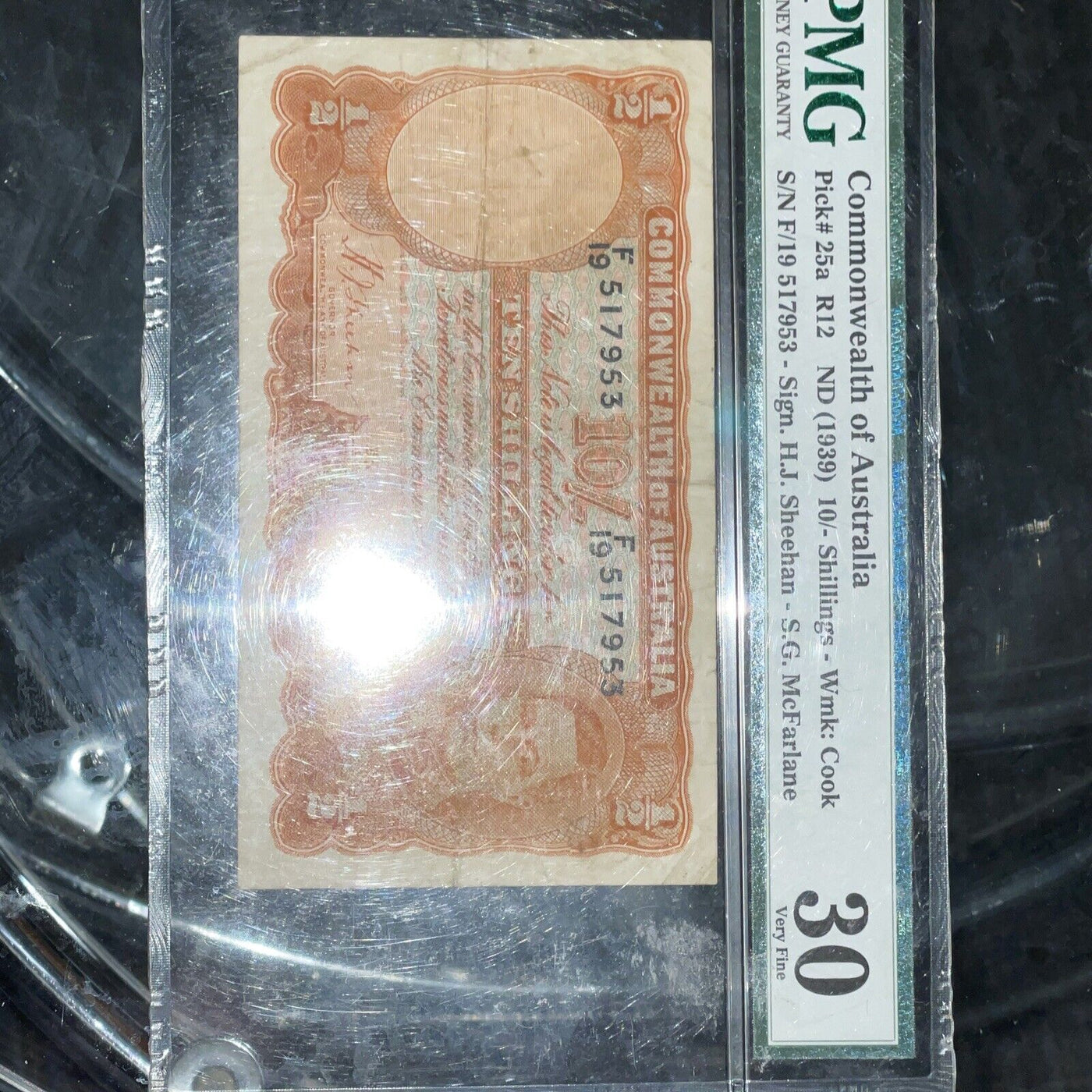 PMG VF30 Australia 10 Shilling 1939 Sheehan/ McFarlane Note Price Cut!