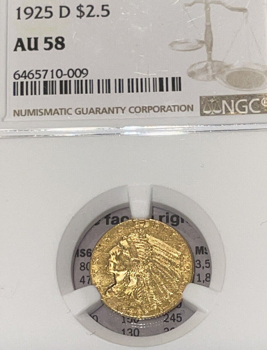 1925-D INDIAN HEAD QUARTER EAGLE $2.5 GOLD NGC AU58
