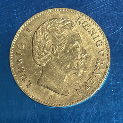 1877 D Germany Bavaria Gold 5 Mark Ludwig II Choice About Uncirculated Piece BIN