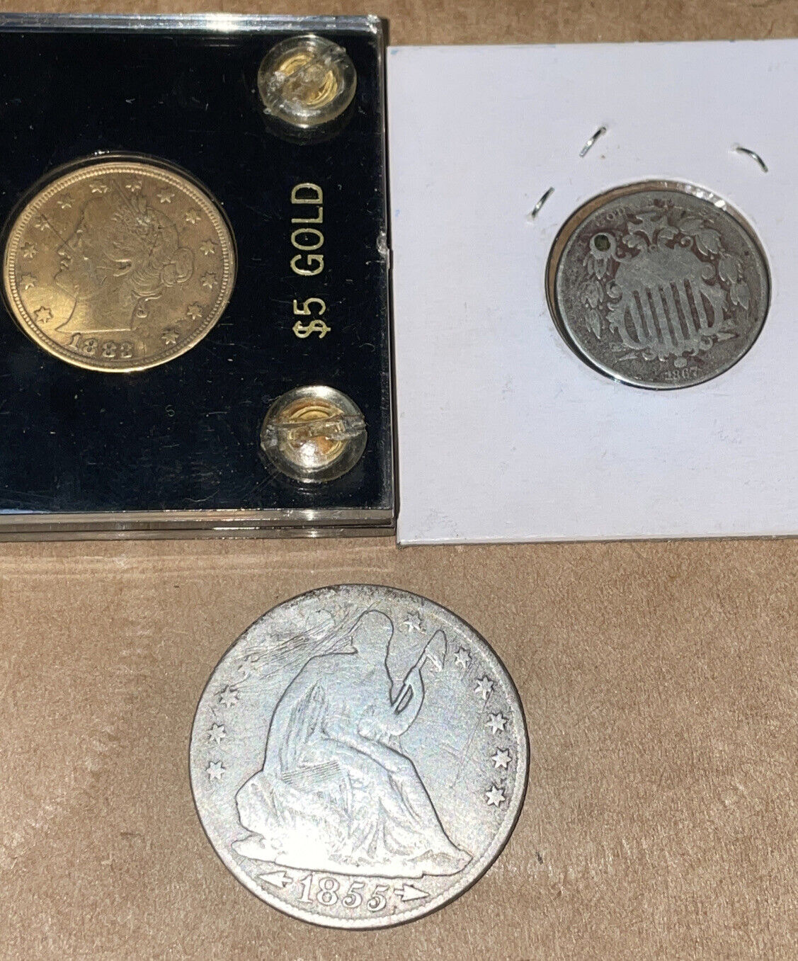 Duffy’s Curious lot: 1883 not gold 5c, 1867 rays 5c holey, 1855 o half$ dmg