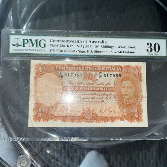 PMG VF30 Australia 10 Shilling 1939 Sheehan/ McFarlane Note Price Cut!