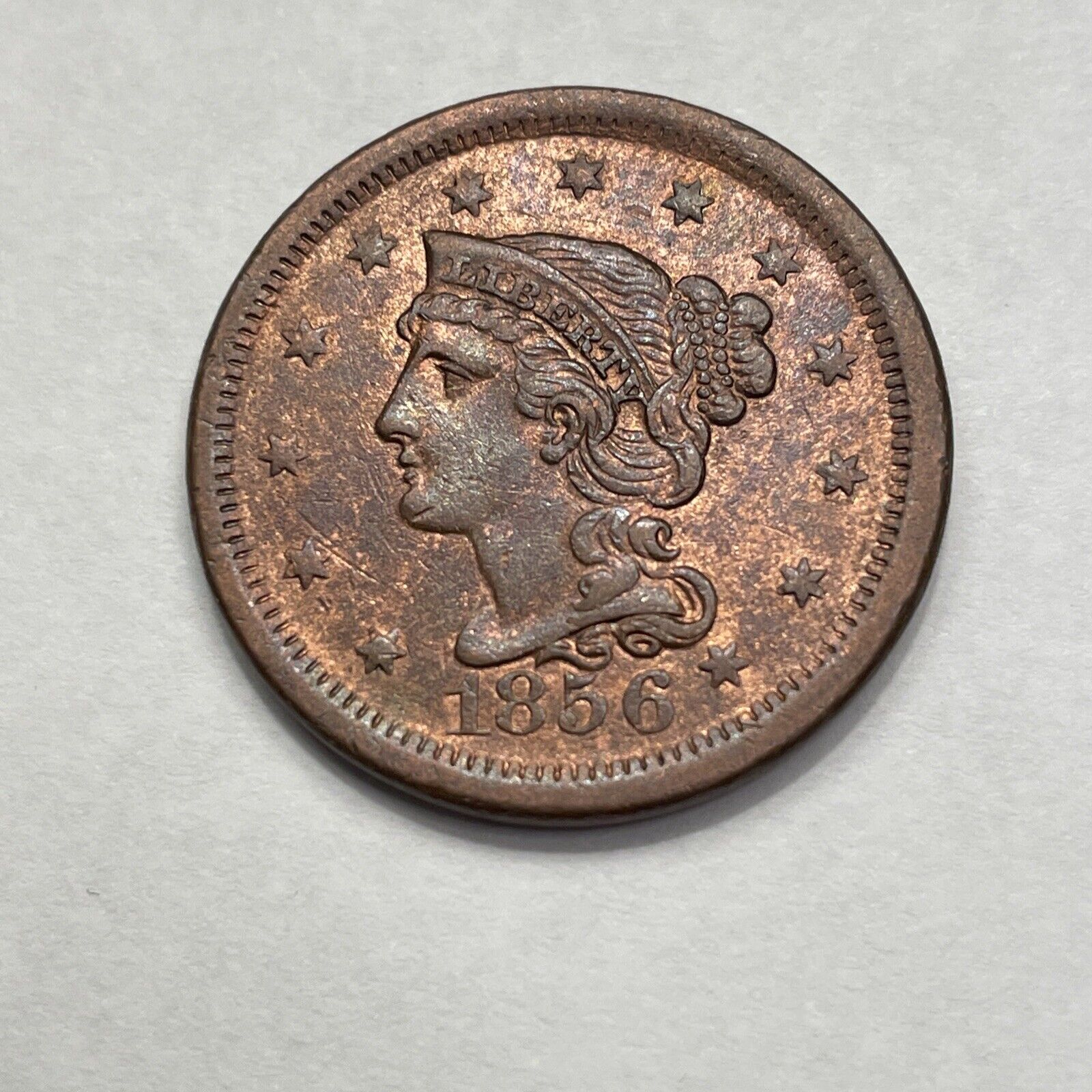 1856 Large Cent RB Almost Unc Gorgeous Braided Hair Upright 5