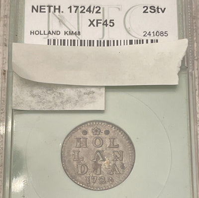 Holland silver 2 Stuivers 1724/2 overdate. choice extra fine