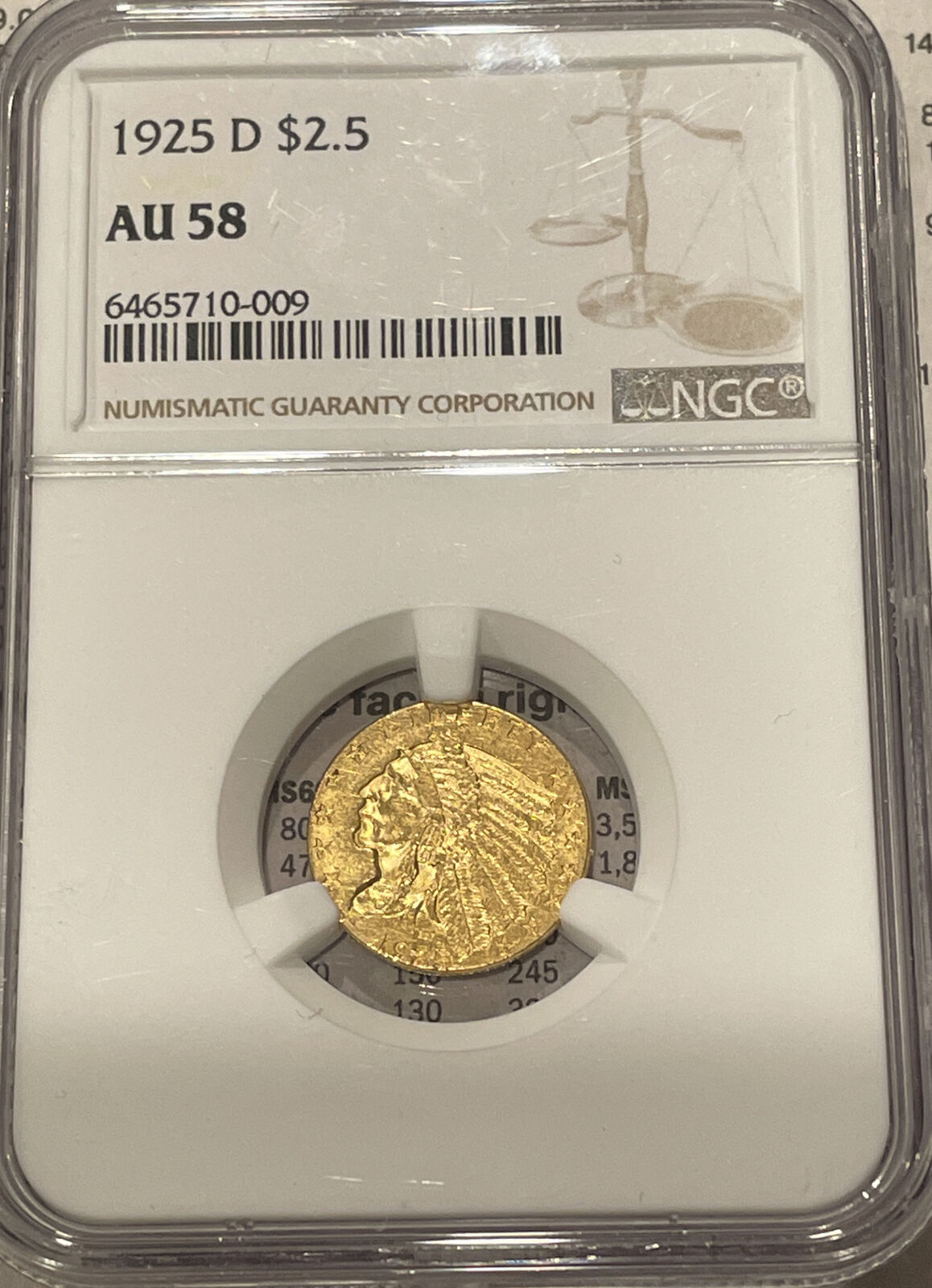 1925-D INDIAN HEAD QUARTER EAGLE $2.5 GOLD NGC AU58