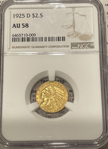 1925-D INDIAN HEAD QUARTER EAGLE $2.5 GOLD NGC AU58