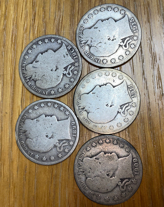 5pc collection Silver Barber Half Dollar 1899, 1908, 1909s, 1911, 1915 s starter