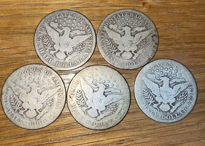 5pc collection Silver Barber Half Dollar 1899, 1908, 1909s, 1911, 1915 s starter