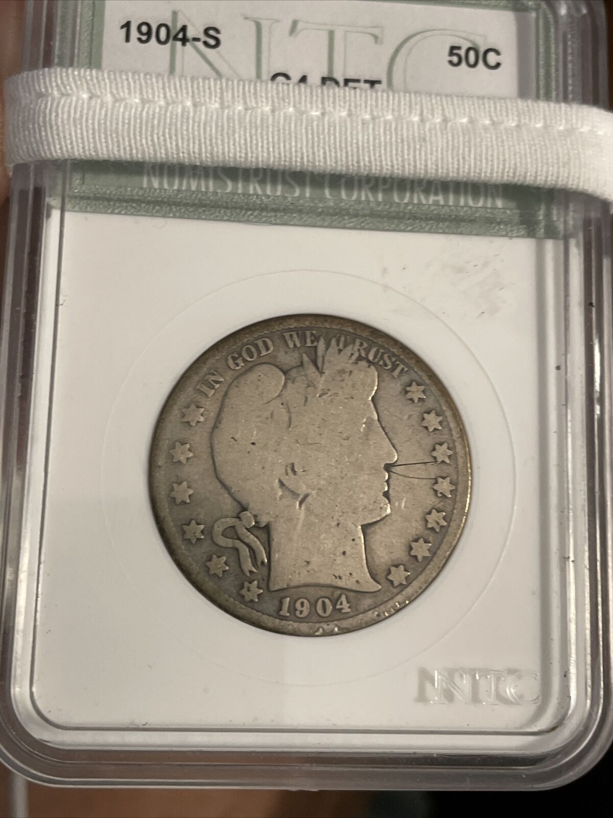 1904 s scarce Barber Silver 1/2 Dollar nice features Rim Ding Rev 12 O’clock