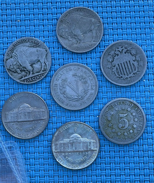 Qabala 7 Nickel Collection: 2 Shield, V, 2 Buffalo, 2 Jefferson Better Dates