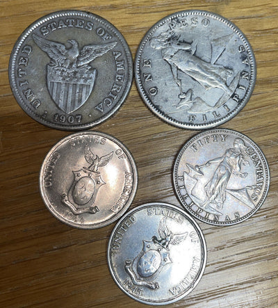 Lot: 5pc SilverFilipinas collection 1907s 1909s peso + 2 1944 & 1945 50 centavos