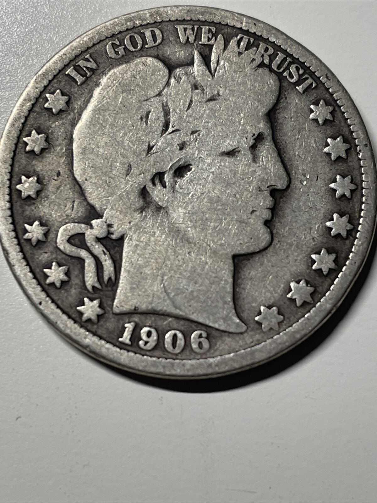 1906 d Silver Barber Half Dollar Very Good letters LTY Liberty apparent