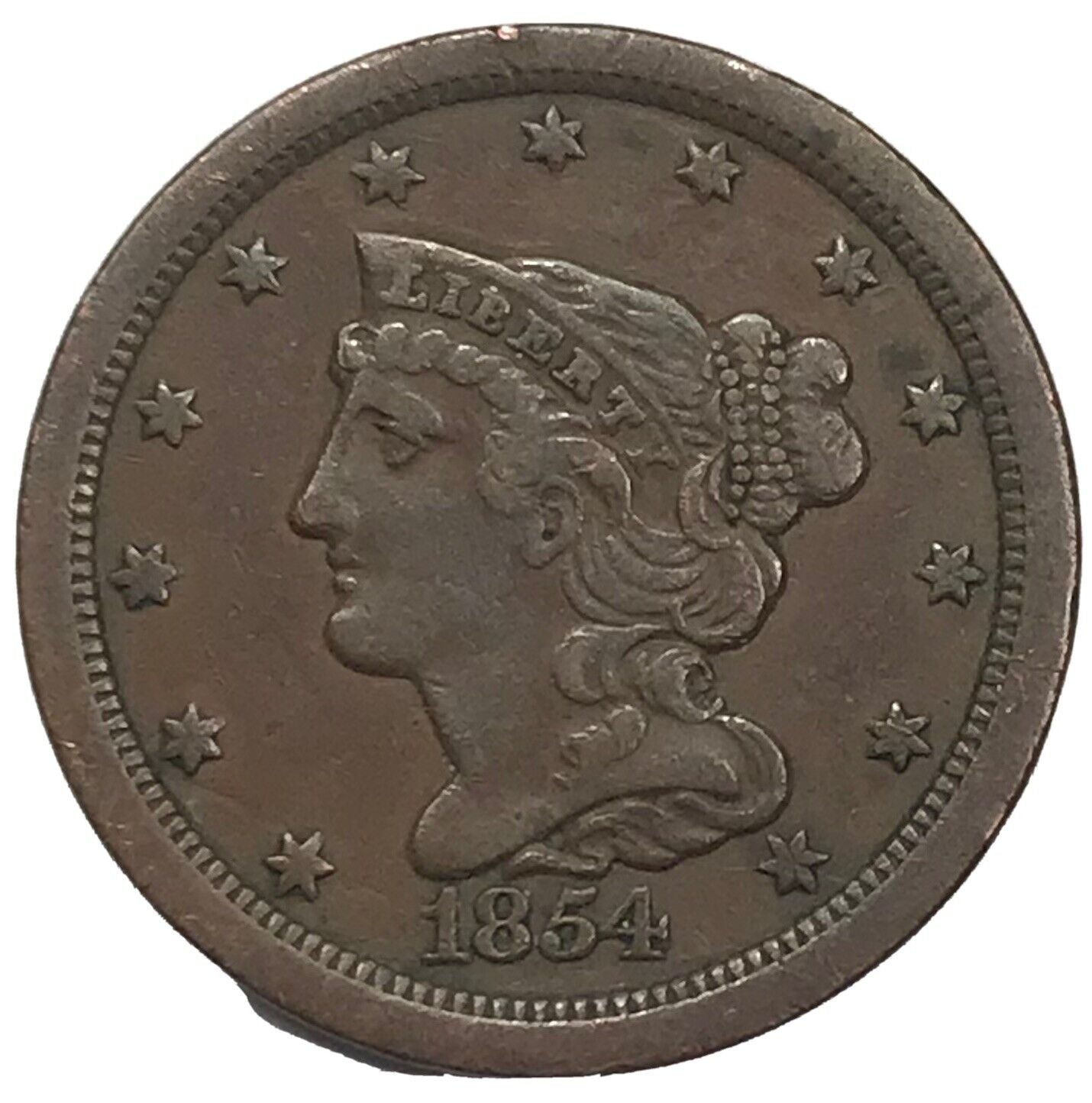 1854 half cent us braided hair choice veryfine pretty lad￼y liberty coin