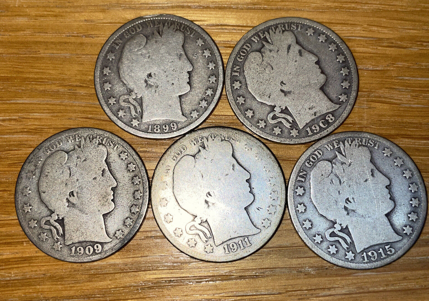 5pc collection Silver Barber Half Dollar 1899, 1908, 1909s, 1911, 1915 s starter