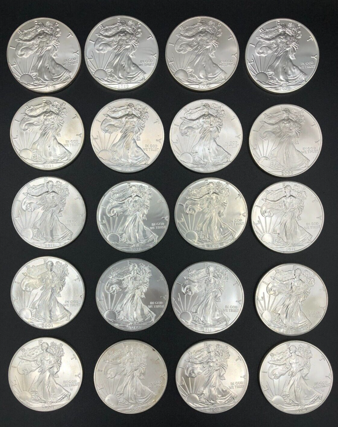 Stack Of BU American Eagle Silver Dollar Coins (2000 - 2021) a few w/slight tone