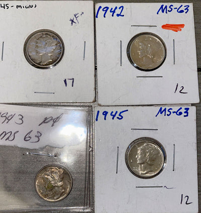 4 pc Set Mercury Dimes 1942, 43, 45 GEM BU plus XF 1945s Micro Variety