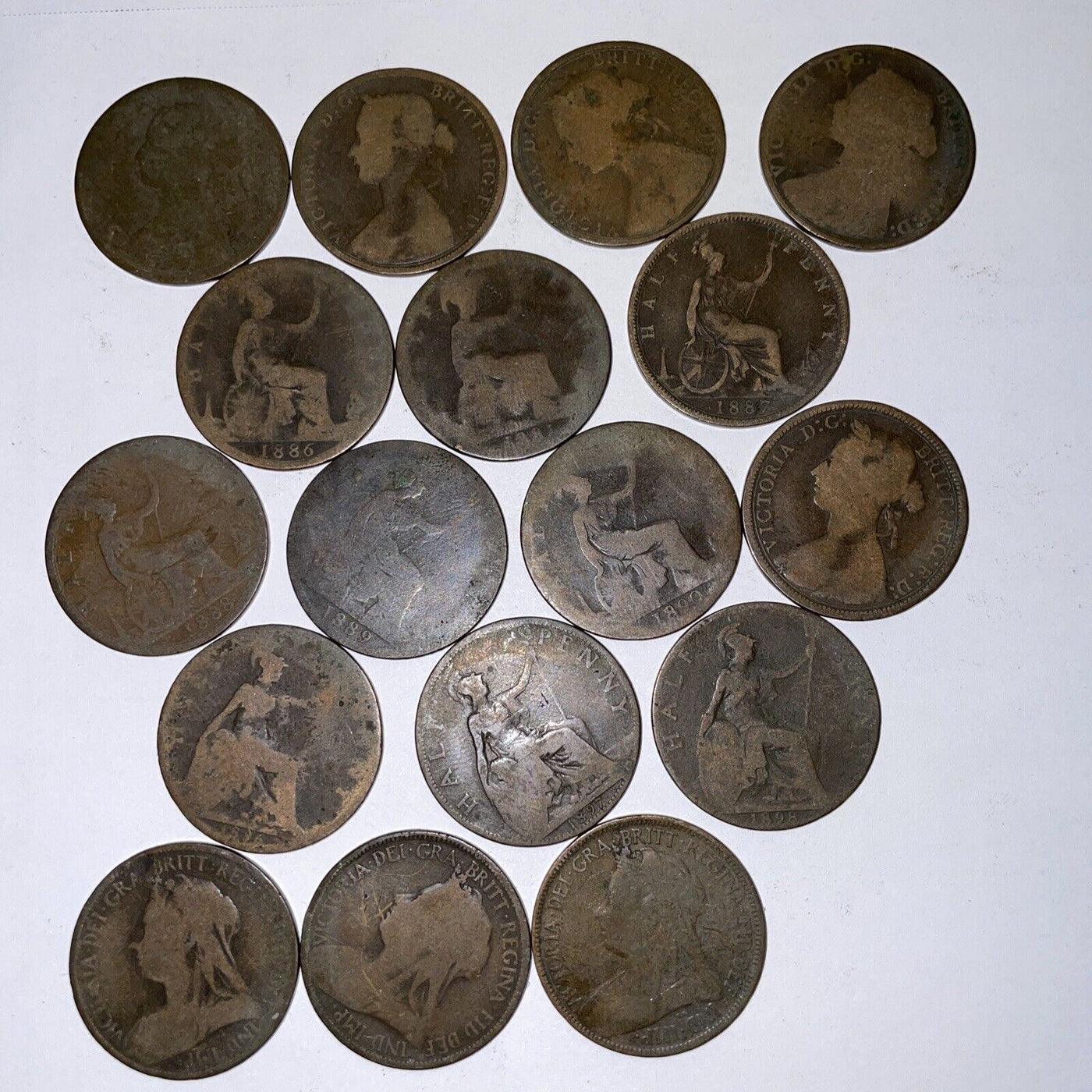 17 different English Half Penny Coppers nice collection 1861 to 1901
