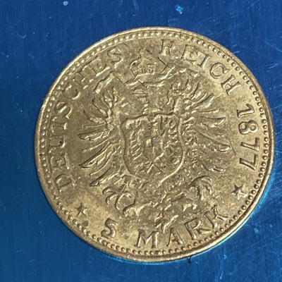 1877 D Germany Bavaria Gold 5 Mark Ludwig II Choice About Uncirculated Piece BIN