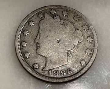 1886 nickel full rim good rare date liberty “v” nickel. beautiful collectible